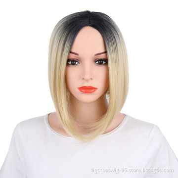 Ombre blonde short straight wavy hair vendor high quality premium wholesale synthetic heat resistant wig lace front black women